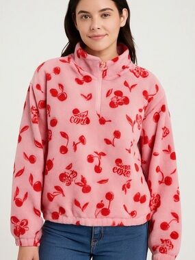CHERRY COKE fleece pullover sweatshirt 1/4 zip elastic cuffs & hem pink red XL
